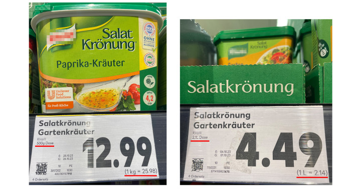 Preisauszeichnung Kaufland, Salatkrönung, 500 Gramm Dose à 4,2 Liter und 2,1 Liter Dose