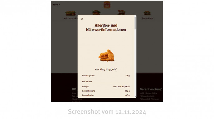 Nährwertinformationen, Angebot King Jr. Meal King Nuggets, Burgerking.de, 12.11.2024