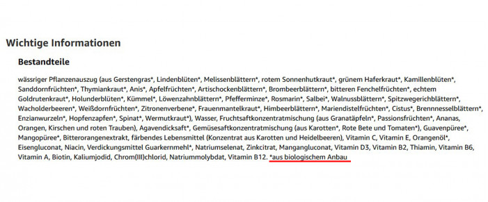 Zutaten, Zirkulin Vital, Amazon.de, 14.01.2025 [Angebot, bitte unterstreichen *aus biologischen Anbau] 
