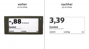 alt: Preisschild Fenchel, Aldi Süd Darmstadt Eberstadt, 12.12.2024; neu: 23.12.2024, Anbieterfoto